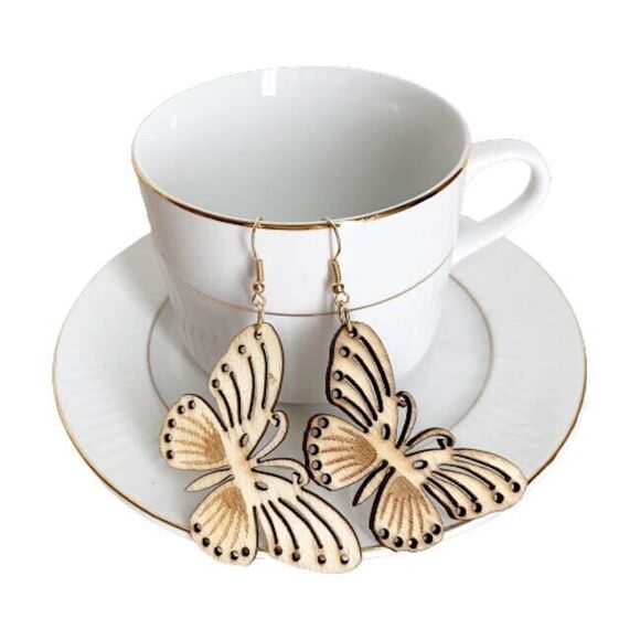 NEW BUTTERFLY Earrings Laser Cut Lightweight Whitewashed Wood NWT - Picture 1 of 8